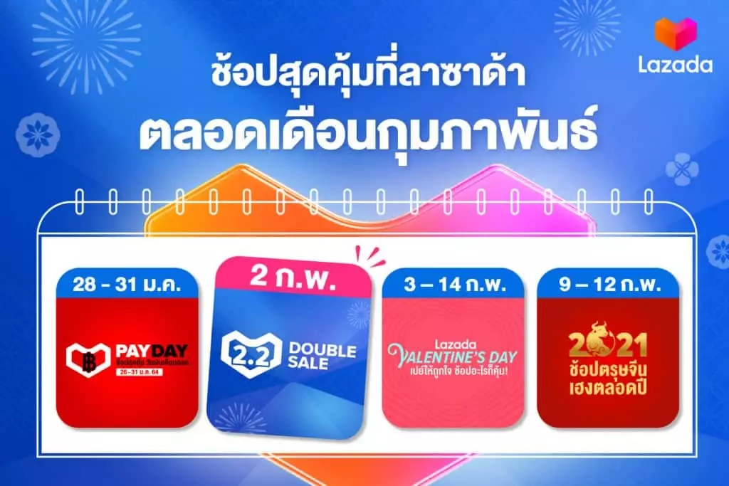 Lazada 2.2 Double Sale ช้อปดีลสุดคุ้มรับเทศกาลแห่งความรัก เฮงรับตรุษจีน พร้อมส่งฟรีตลอดเดือนกุมภาพันธ์