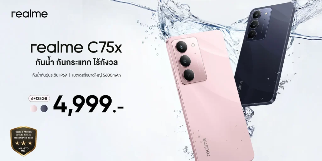 ต่อยอดความสำเร็จ “บัดเจ็ตโฟนสุดแกร่งแห่งปี”เปิดราคา “realme C75X” เพียง 4,999 บาทกันน้ำกันฝุ่นที่ IP69 พร้อมสัมผัสบอดี้ที่แข็งแรงทนทานระดับทหาร ด้วย ArmorShell™ Protection และชาร์จไว 45W