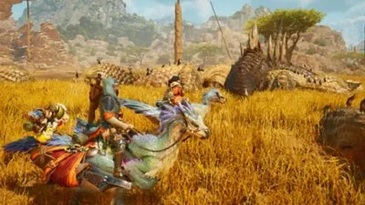 นักล่าขี่ Seikret ใน Monster Hunter Wilds