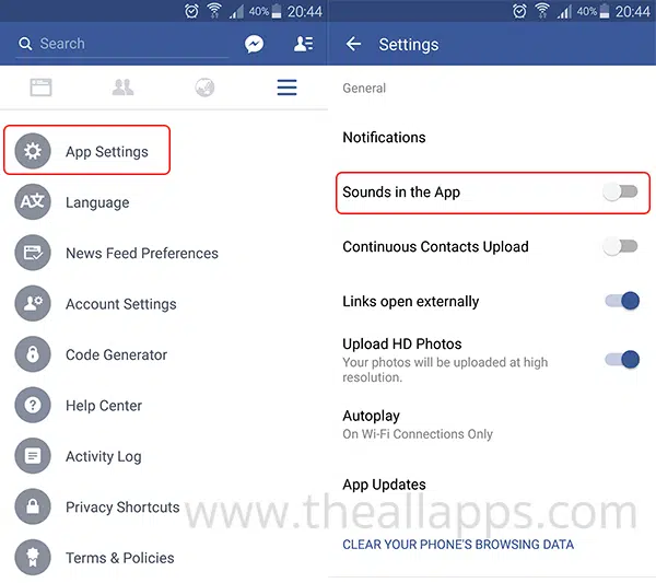 Facebook sounds in the App