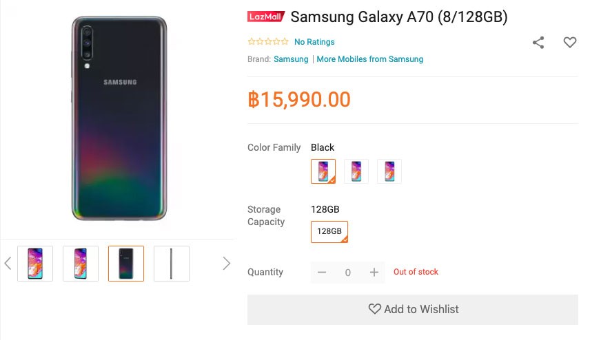Samsung Galaxy A70 ราคาไทย 15,990 บาท Lazada