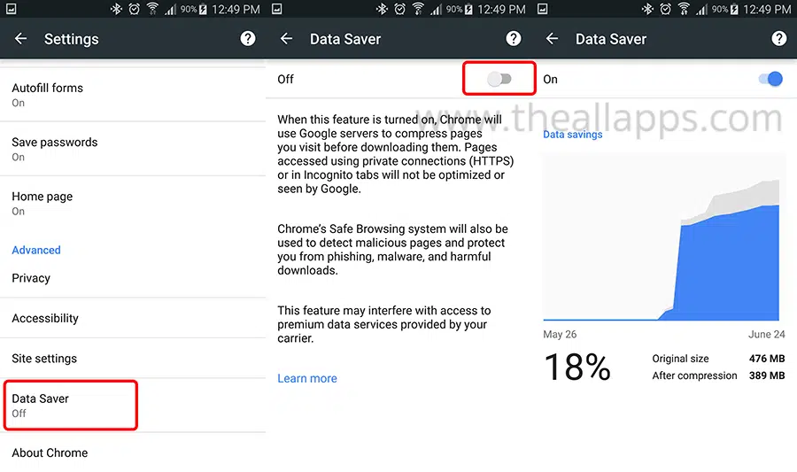 save internet data android google chrome
